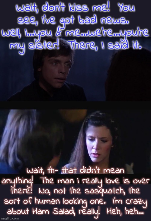 After this awkward conversation, Leia snuck off to a family planning clinic. | Wait, don't kiss me!  You see, I've got bad news.  Well, I...you & me...we're...you're my sister!  There, I said it. Wait, th- that didn't mean anything!  The man I really love is over
there!  No, not the sasquatch, the
sort of human looking one.  I'm crazy
about Ham Salad, really!  Heh, heh... | image tagged in luke and leia - you are my sister,incest,still a better love story than twilight,embarassing,shocked | made w/ Imgflip meme maker