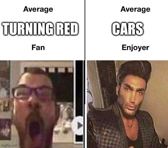 Pixar cars is chad and turning red is virgin | CARS; TURNING RED | image tagged in average fan vs average enjoyer,cars,turning red,pixar | made w/ Imgflip meme maker