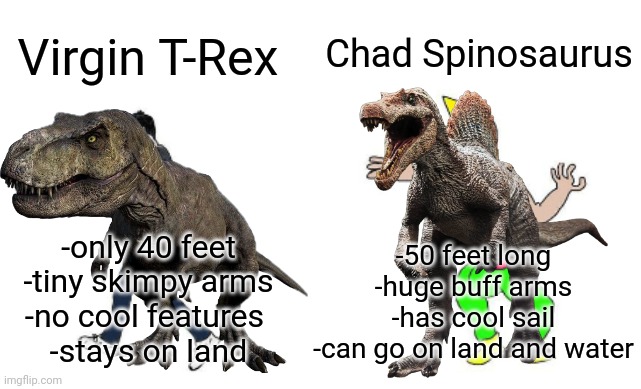 Virgin vs Chad | Chad Spinosaurus; Virgin T-Rex; -only 40 feet
-tiny skimpy arms
-no cool features 
-stays on land; -50 feet long
-huge buff arms
-has cool sail
-can go on land and water | image tagged in virgin vs chad | made w/ Imgflip meme maker