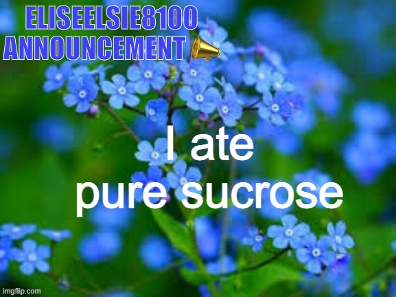 EliseElsie8100 Announcement | I ate pure sucrose | image tagged in eliseelsie8100 announcement | made w/ Imgflip meme maker
