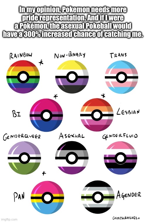 In my opinion, Pokemon needs more pride representation. And if I were a Pokémon, the asexual Pokeball would have a 300% increased chance of catching me. | made w/ Imgflip meme maker