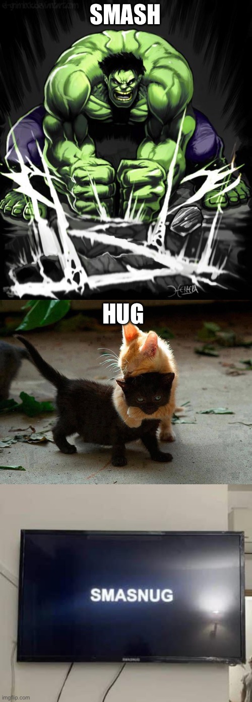 SMASH; HUG | image tagged in hulk smash,kitten hug | made w/ Imgflip meme maker