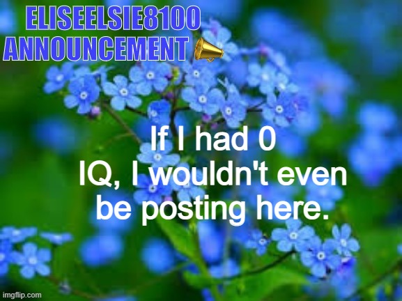 EliseElsie8100 Announcement | If I had 0 IQ, I wouldn't even be posting here. | image tagged in eliseelsie8100 announcement | made w/ Imgflip meme maker