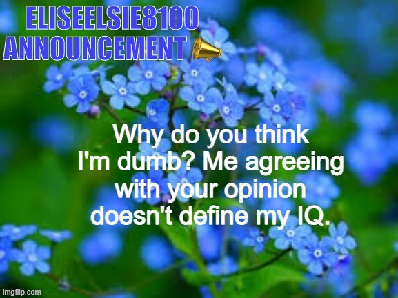 EliseElsie8100 Announcement | Why do you think I'm dumb? Me agreeing with your opinion doesn't define my IQ. | image tagged in eliseelsie8100 announcement | made w/ Imgflip meme maker