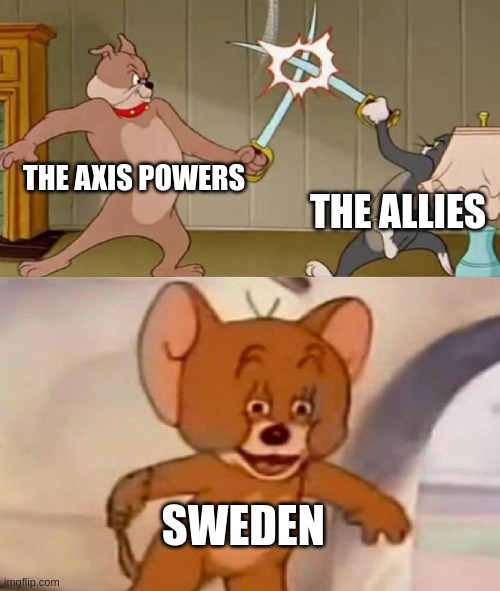 neutrality is not a good thing when there is a war right next to you | THE AXIS POWERS; THE ALLIES; SWEDEN | image tagged in tom and jerry swordfight | made w/ Imgflip meme maker