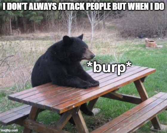 Bad Luck Bear Meme | I DON'T ALWAYS ATTACK PEOPLE BUT WHEN I DO *burp* | image tagged in memes,bad luck bear | made w/ Imgflip meme maker