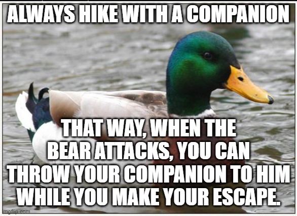 Actual Advice Mallard Meme | ALWAYS HIKE WITH A COMPANION THAT WAY, WHEN THE BEAR ATTACKS, YOU CAN THROW YOUR COMPANION TO HIM WHILE YOU MAKE YOUR ESCAPE. | image tagged in memes,actual advice mallard | made w/ Imgflip meme maker