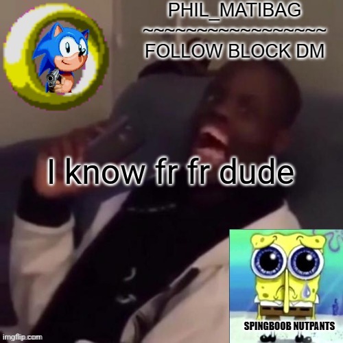 Phil_matibag announcement | I know fr fr dude | image tagged in phil_matibag announcement | made w/ Imgflip meme maker