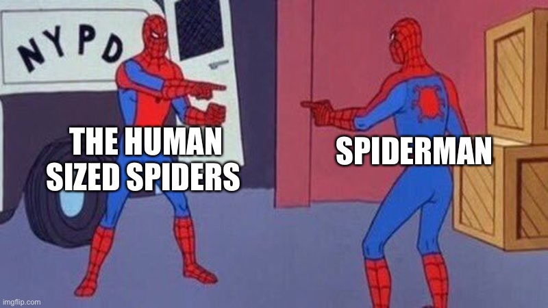 spiderman pointing at spiderman | THE HUMAN SIZED SPIDERS SPIDERMAN | image tagged in spiderman pointing at spiderman | made w/ Imgflip meme maker