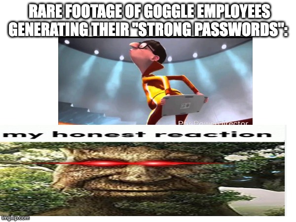 My when goggle makes strong passwords: | RARE FOOTAGE OF GOGGLE EMPLOYEES GENERATING THEIR "STRONG PASSWORDS": | image tagged in certified bruh moment,so true memes,why are you reading the tags,stop reading the tags,seriously | made w/ Imgflip meme maker
