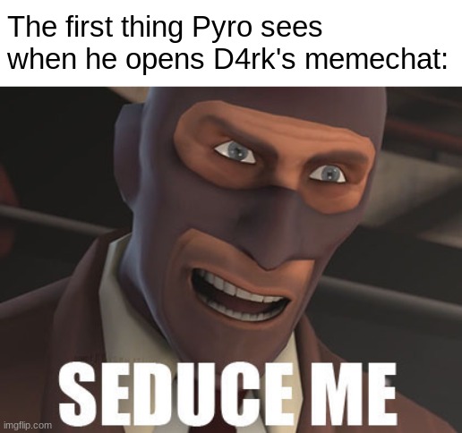 Seduce Me | The first thing Pyro sees when he opens D4rk's memechat: | image tagged in seduce me | made w/ Imgflip meme maker