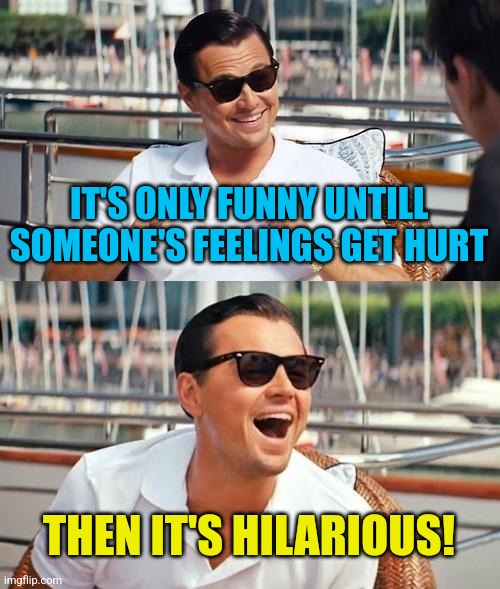 Leonardo Dicaprio Wolf Of Wall Street Meme | IT'S ONLY FUNNY UNTILL SOMEONE'S FEELINGS GET HURT THEN IT'S HILARIOUS! | image tagged in memes,leonardo dicaprio wolf of wall street | made w/ Imgflip meme maker