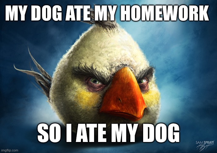 I am kind of running out of ideas here | MY DOG ATE MY HOMEWORK; SO I ATE MY DOG | image tagged in angry bird 5 | made w/ Imgflip meme maker