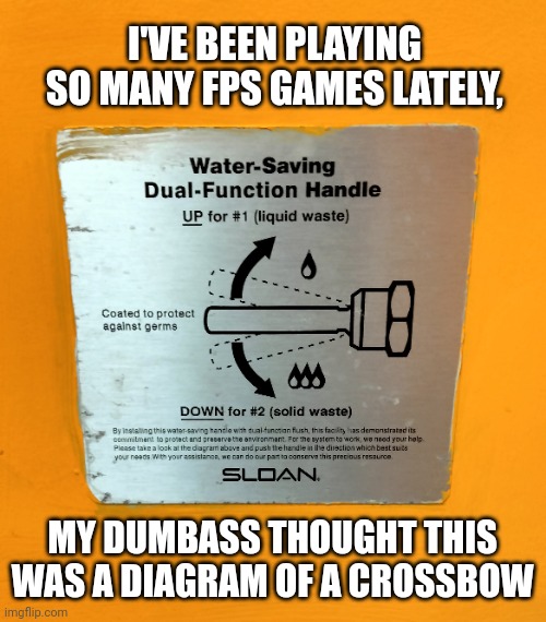 Just a toilet | I'VE BEEN PLAYING SO MANY FPS GAMES LATELY, MY DUMBASS THOUGHT THIS WAS A DIAGRAM OF A CROSSBOW | image tagged in signs | made w/ Imgflip meme maker