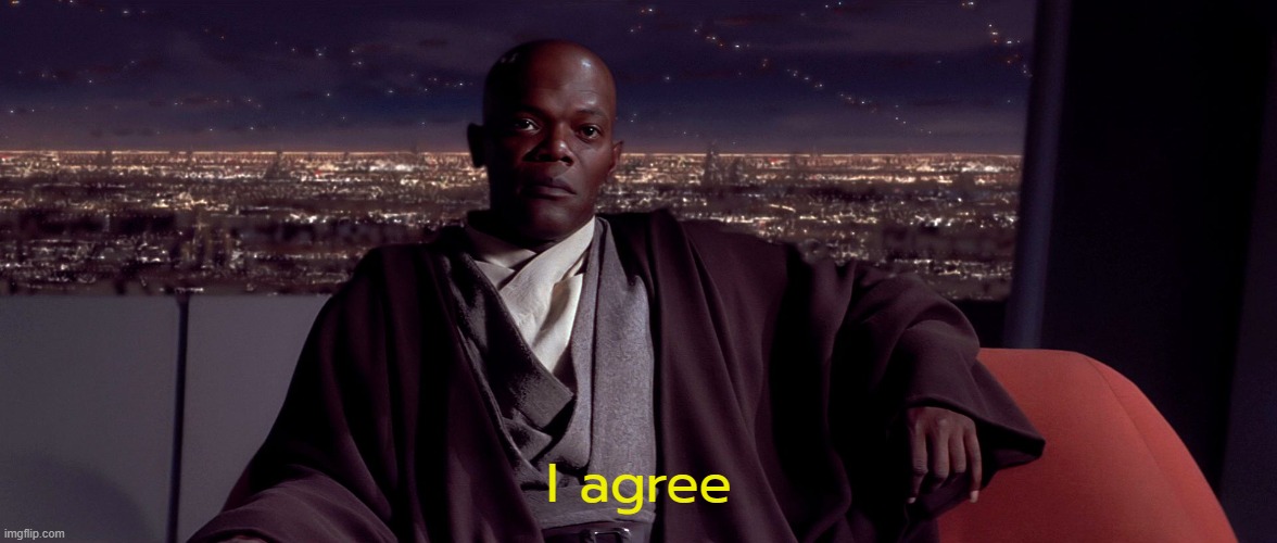 Mace Windu I agree | I agree | image tagged in mace windu i agree | made w/ Imgflip meme maker