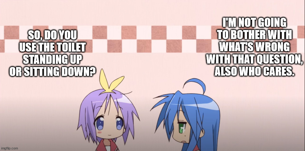Parodying the most boring scene in Lucky Star | SO, DO YOU USE THE TOILET STANDING UP OR SITTING DOWN? I'M NOT GOING TO BOTHER WITH WHAT'S WRONG WITH THAT QUESTION, ALSO WHO CARES. | image tagged in lucky star | made w/ Imgflip meme maker