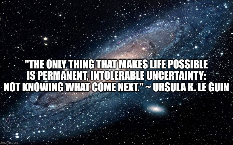 Galaxy | "THE ONLY THING THAT MAKES LIFE POSSIBLE IS PERMANENT, INTOLERABLE UNCERTAINTY: NOT KNOWING WHAT COME NEXT." ~ URSULA K. LE GUIN | image tagged in galaxy | made w/ Imgflip meme maker