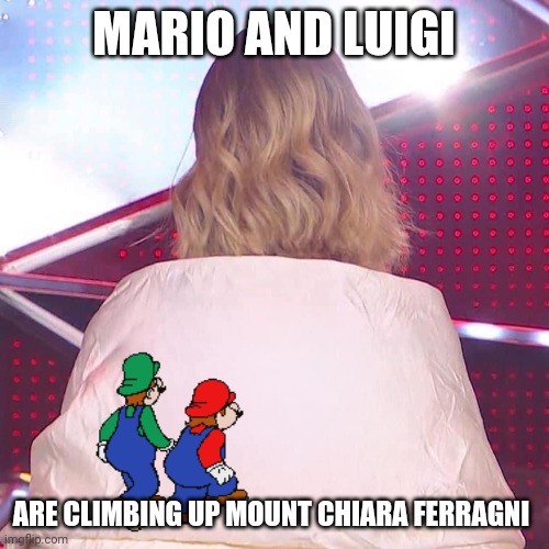 Ferragni Sanremo 2023 | MARIO AND LUIGI; ARE CLIMBING UP MOUNT CHIARA FERRAGNI | image tagged in hotel mario,funny,sanremo,eurovision,italian | made w/ Imgflip meme maker