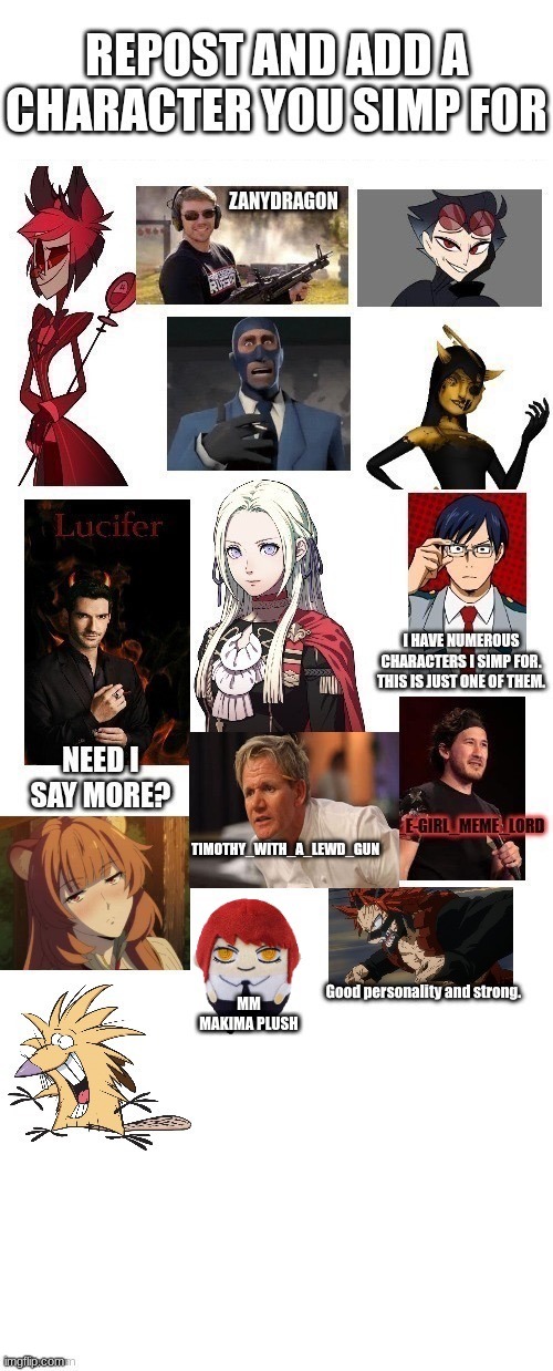 @CherriesNCrackers | image tagged in repost the character you simp for | made w/ Imgflip meme maker