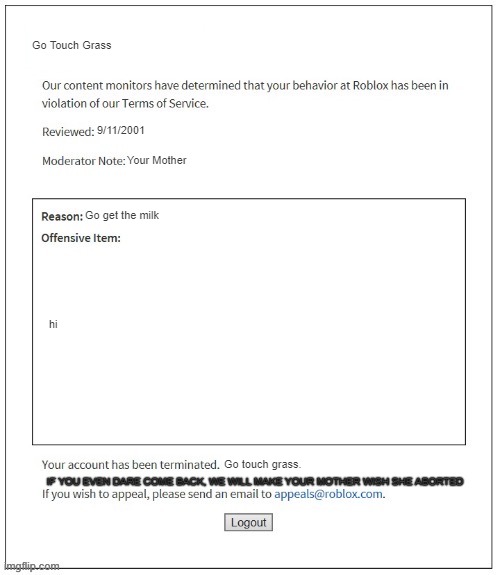 if roblox was honest | Go Touch Grass; 9/11/2001; Your Mother; Go get the milk; hi; Go touch grass. IF YOU EVEN DARE COME BACK, WE WILL MAKE YOUR MOTHER WISH SHE ABORTED | image tagged in moderation system | made w/ Imgflip meme maker