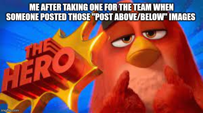 The Hero | ME AFTER TAKING ONE FOR THE TEAM WHEN SOMEONE POSTED THOSE "POST ABOVE/BELOW" IMAGES | image tagged in the hero | made w/ Imgflip meme maker