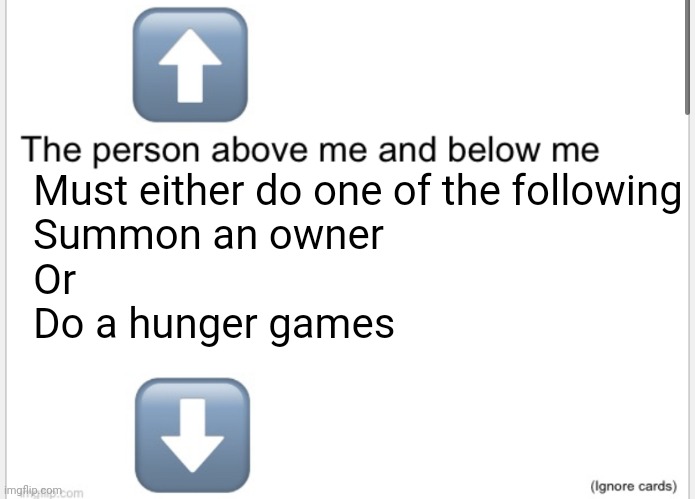 Person above below | Must either do one of the following

Summon an owner
Or 
Do a hunger games | image tagged in person above below | made w/ Imgflip meme maker