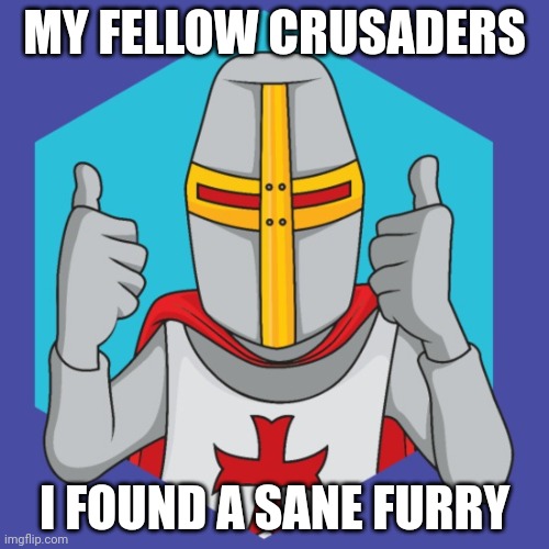 Guys I found it | MY FELLOW CRUSADERS; I FOUND A SANE FURRY | image tagged in crusader,no tags | made w/ Imgflip meme maker