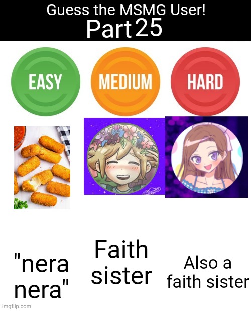 Finally, something only OGs know | 25; "nera nera"; Faith sister; Also a faith sister | image tagged in guess the msmg user | made w/ Imgflip meme maker