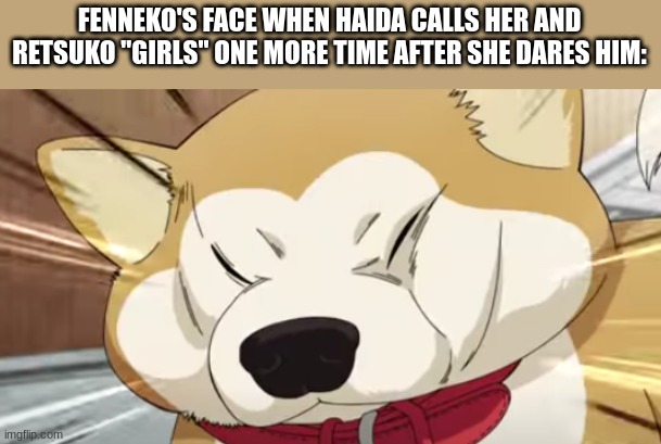 Way of the Househusband (Doggo) | FENNEKO'S FACE WHEN HAIDA CALLS HER AND RETSUKO "GIRLS" ONE MORE TIME AFTER SHE DARES HIM: | image tagged in way of the househusband doggo,aggretsuko,anime | made w/ Imgflip meme maker