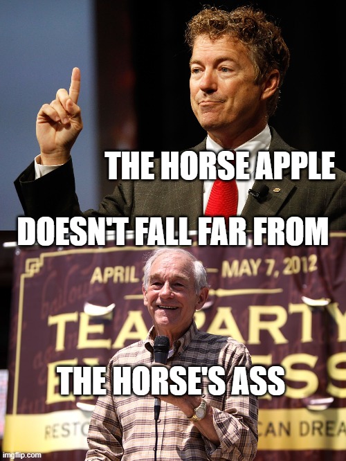 You know the expression "the apple doesn't fall far from the tree"? Sometimes this one is more appropriate: | THE HORSE APPLE; DOESN'T FALL FAR FROM; THE HORSE'S ASS | image tagged in rand paul,tea party,libertarianism,neckbeard libertarian,sayings,only fools and horses | made w/ Imgflip meme maker