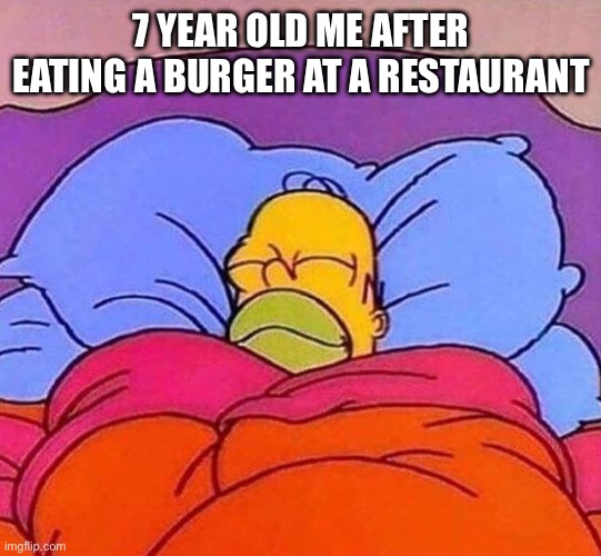 Do u agree? | 7 YEAR OLD ME AFTER EATING A BURGER AT A RESTAURANT | image tagged in homer simpson sleeping peacefully | made w/ Imgflip meme maker