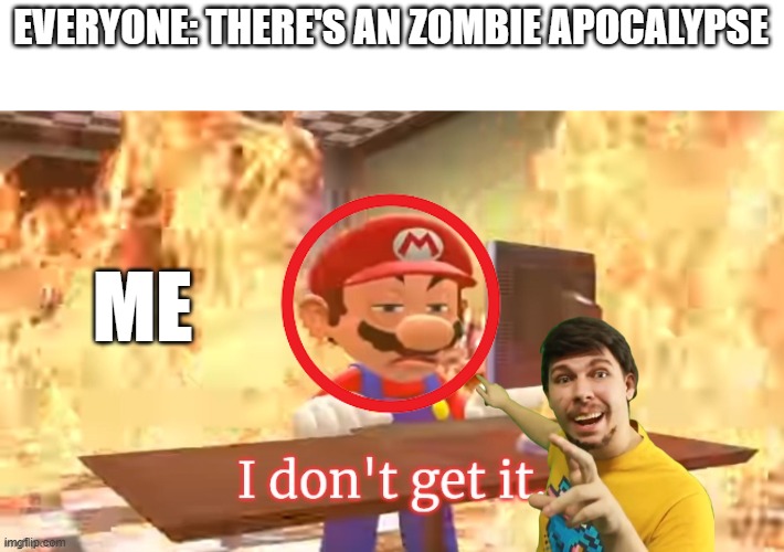 Mario I don't get it | EVERYONE: THERE'S AN ZOMBIE APOCALYPSE; ME | image tagged in mario i don't get it,mario,mrbeast | made w/ Imgflip meme maker