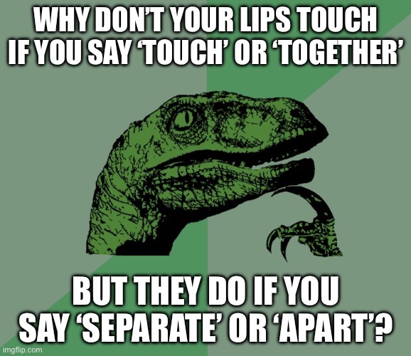 dino think dinossauro pensador | WHY DON’T YOUR LIPS TOUCH IF YOU SAY ‘TOUCH’ OR ‘TOGETHER’; BUT THEY DO IF YOU SAY ‘SEPARATE’ OR ‘APART’? | image tagged in dino think dinossauro pensador | made w/ Imgflip meme maker