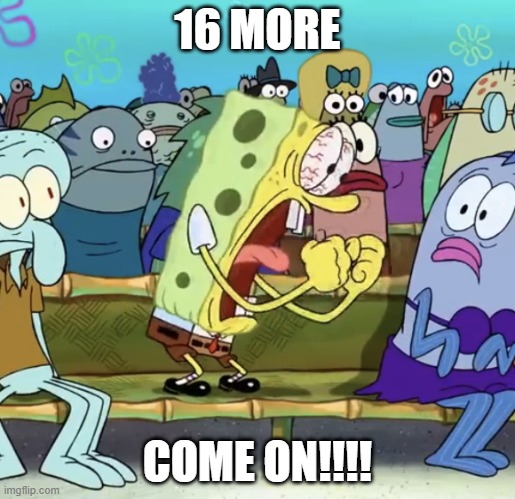 Spongebob Yelling | 16 MORE; COME ON!!!! | image tagged in spongebob yelling | made w/ Imgflip meme maker