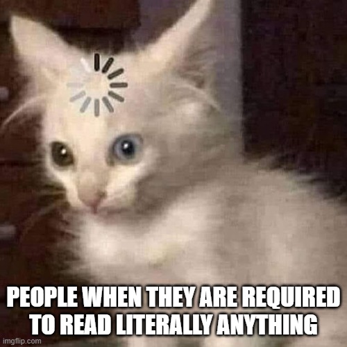 Reading is hard | PEOPLE WHEN THEY ARE REQUIRED TO READ LITERALLY ANYTHING | image tagged in loading cat | made w/ Imgflip meme maker