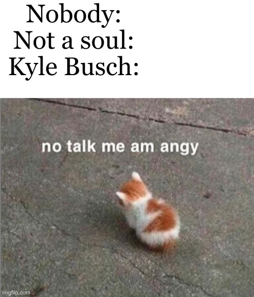 I'm a Kyle Busch fan but still, I like watching yt videos of him completely lashing out | Nobody:
Not a soul:
Kyle Busch: | image tagged in no talk me am angy,kyle busch,nascar,angy,racing,busch | made w/ Imgflip meme maker