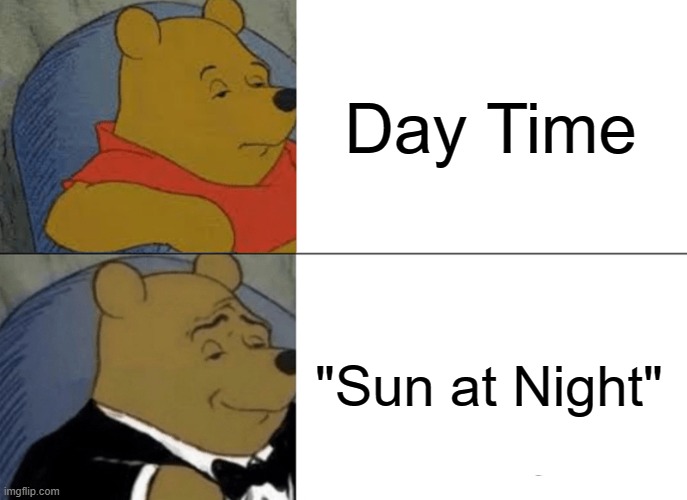 Tuxedo Winnie The Pooh Meme | Day Time; "Sun at Night" | image tagged in memes,tuxedo winnie the pooh | made w/ Imgflip meme maker