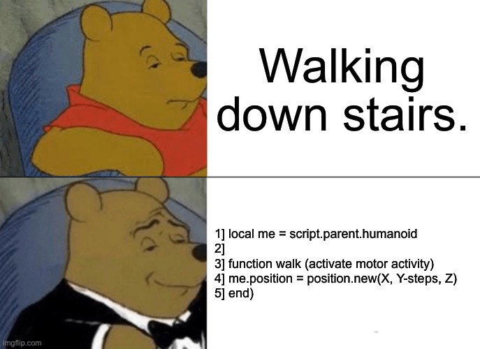 (I will remake memes too) Normal people vs scripters | Walking down stairs. 1] local me = script.parent.humanoid 
2] 
3] function walk (activate motor activity) 
4] me.position = position.new(X, Y-steps, Z) 
5] end) | image tagged in memes,tuxedo winnie the pooh,scripting | made w/ Imgflip meme maker