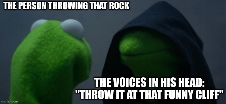 Evil Kermit Meme | THE PERSON THROWING THAT ROCK THE VOICES IN HIS HEAD: "THROW IT AT THAT FUNNY CLIFF" | image tagged in memes,evil kermit | made w/ Imgflip meme maker