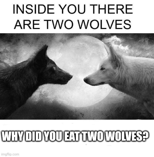 Inside you there are two wolves | WHY DID YOU EAT TWO WOLVES? | image tagged in inside you there are two wolves | made w/ Imgflip meme maker