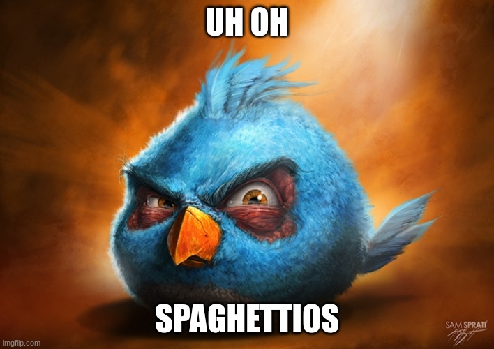 terrible quality | UH OH; SPAGHETTIOS | image tagged in angry birds blue | made w/ Imgflip meme maker