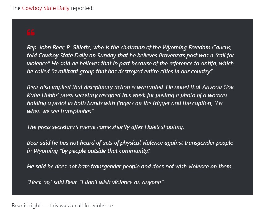 Laramie Wyoming state democrat legislator called for violence | image tagged in wyoming,criminal minds,tired of hearing about transgenders,triggered liberal,antifa,domestic terrorism | made w/ Imgflip meme maker