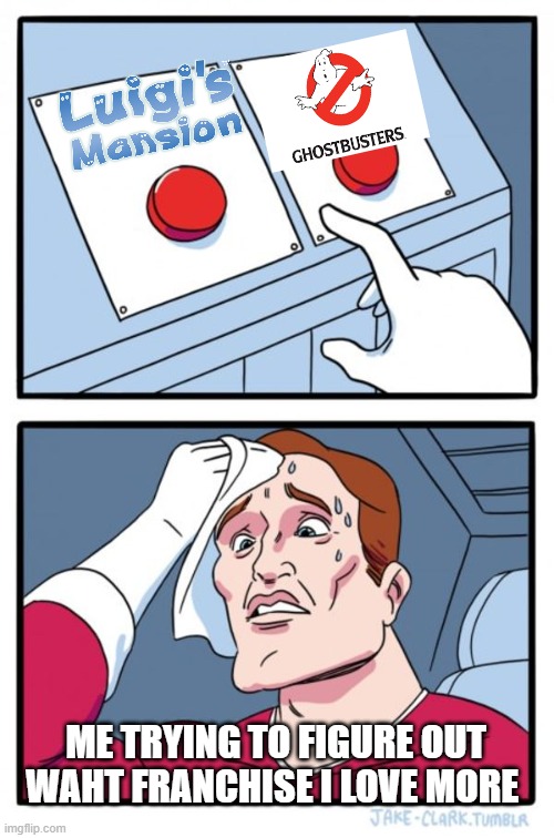 Two Buttons Meme | ME TRYING TO FIGURE OUT WAHT FRANCHISE I LOVE MORE | image tagged in memes,two buttons,LuigisMansion | made w/ Imgflip meme maker