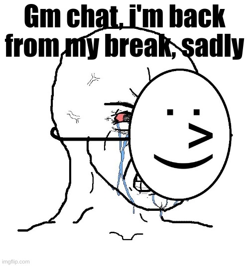 And i'm back here, sadly | Gm chat, i'm back from my break, sadly | image tagged in pretending to be happy hiding crying behind a mask | made w/ Imgflip meme maker