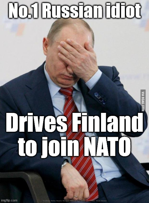 Putin Facepalm | No.1 Russian idiot; Drives Finland to join NATO; Vladimir Putin Russia Russian Ukraine War Prize idiot fool thick Moscow | image tagged in putin facepalm | made w/ Imgflip meme maker