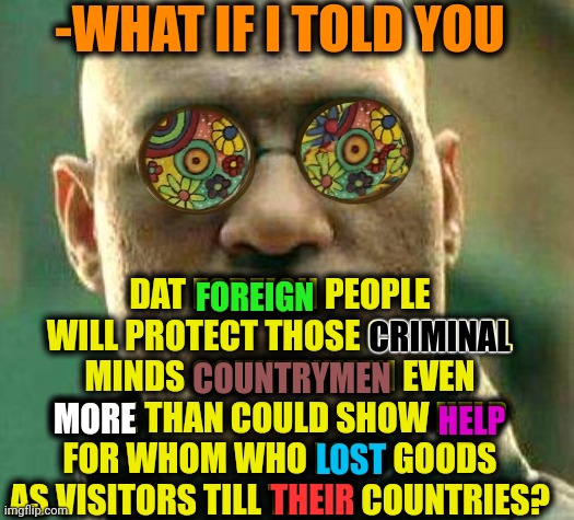 -What to expect? | -WHAT IF I TOLD YOU; DAT FOREIGN PEOPLE WILL PROTECT THOSE CRIMINAL MINDS COUNTRYMEN EVEN MORE THAN COULD SHOW HELP FOR WHOM WHO LOST GOODS AS VISITORS TILL THEIR COUNTRIES? FOREIGN; CRIMINAL; COUNTRYMEN; MORE; HELP; LOST; THEIR | image tagged in acid kicks in morpheus,foreign policy,pga tour,criminal minds,y'all got any more of that,stolen memes | made w/ Imgflip meme maker