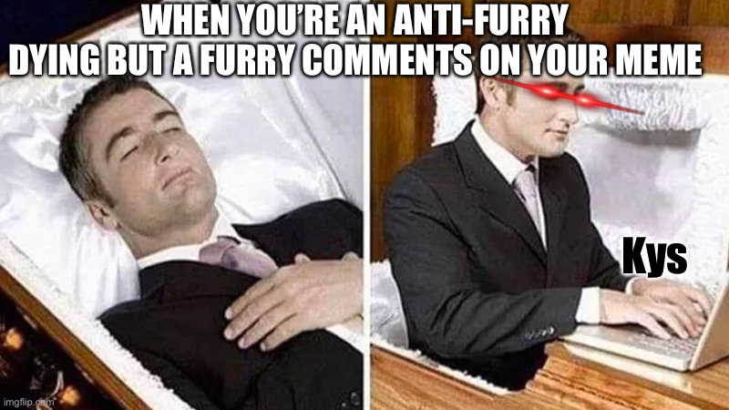 Aaaaaand this’ll probably not be featured due to the mods not understanding it | WHEN YOU’RE AN ANTI-FURRY DYING BUT A FURRY COMMENTS ON YOUR MEME; Kys | image tagged in deceased man in coffin typing | made w/ Imgflip meme maker
