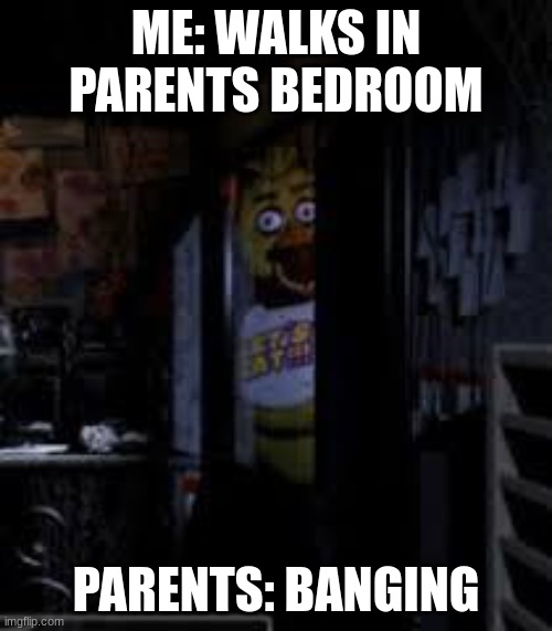 Chica Looking In Window FNAF | ME: WALKS IN PARENTS BEDROOM; PARENTS: BANGING | image tagged in chica looking in window fnaf | made w/ Imgflip meme maker