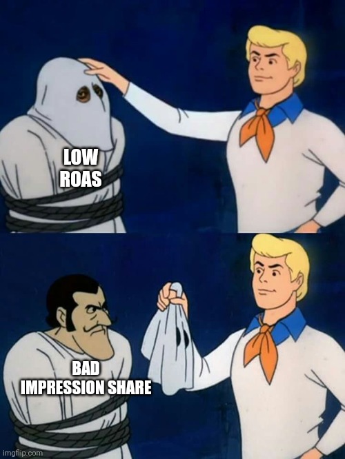 Performance Marketing Meme | LOW
ROAS; BAD IMPRESSION SHARE | image tagged in scooby doo mask reveal,marketing | made w/ Imgflip meme maker