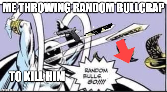 Random Bullshit Go | ME THROWING RANDOM BULLCRAP TO KILL HIM | image tagged in random bullshit go | made w/ Imgflip meme maker
